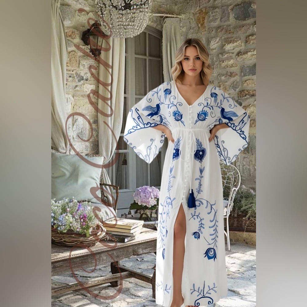 Bohemian Secret Garden Blue Bird Hearts Embroidered Bohemian Kimono Duster Dress